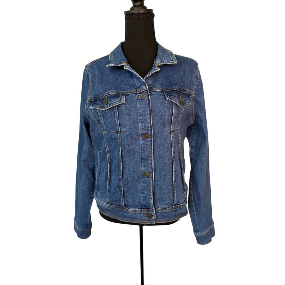1901 Denim Jacket Women’s XL Blue Medium Wash Stretch Trucker Button Front - Picture 2 of 7
